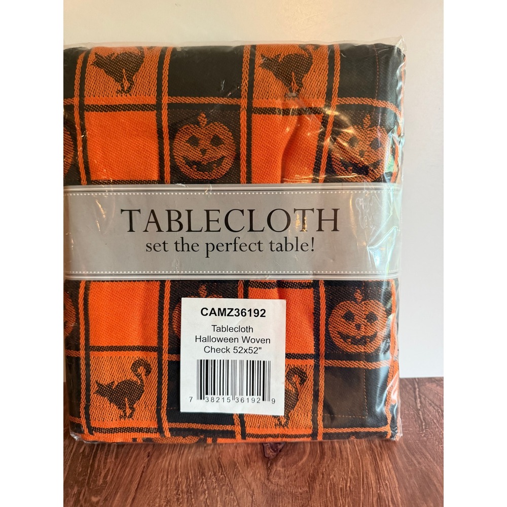 Halloween Woven Check Tablecloth 52 x 52 Black Orange Pumpkin Cat New